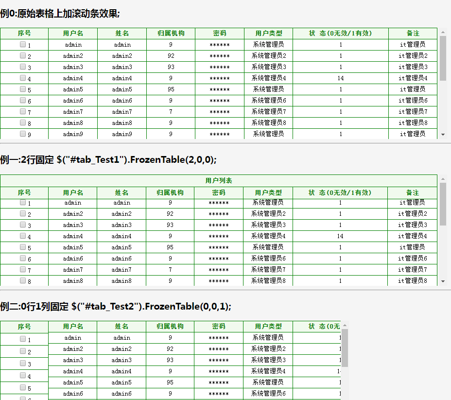 jQuery多种可冻结行列合并表格